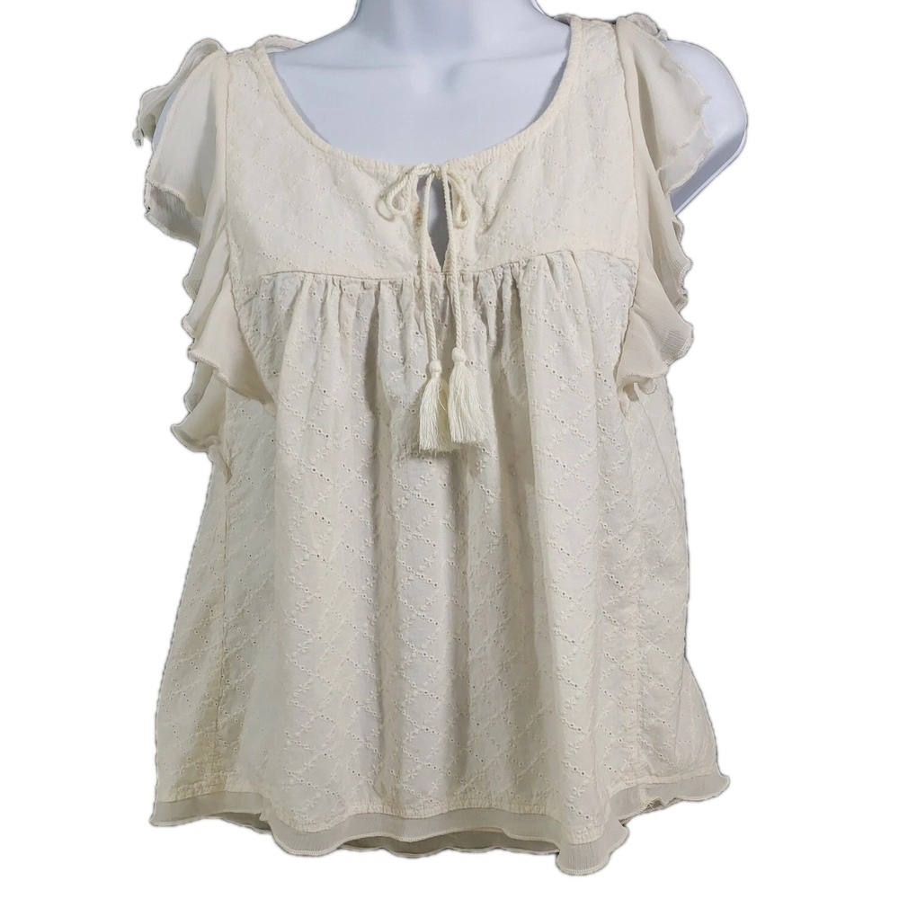 Y2K Hollister Women's Small Babydoll Eyelet Split Cap Sleeve Ruffle Ivory